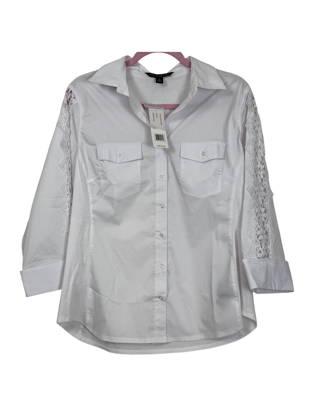 Zac & Rachel White Lace Sleeve Button Down Blouse Medium NWT Career Chic